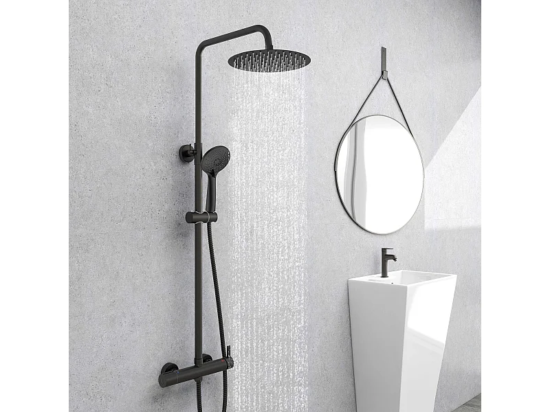 AICA colonne de douche de salle de bain avec douche de tête ronde 250 mm, douchette 3 fonctions, hauteur réglable 750-1200 mm,noir