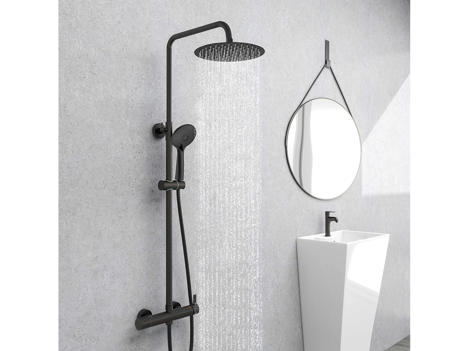 AICA colonne de douche de salle de bain avec douche de tête ronde 250 mm, douchette 3 fonctions, hauteur réglable 750-1200 mm,noir