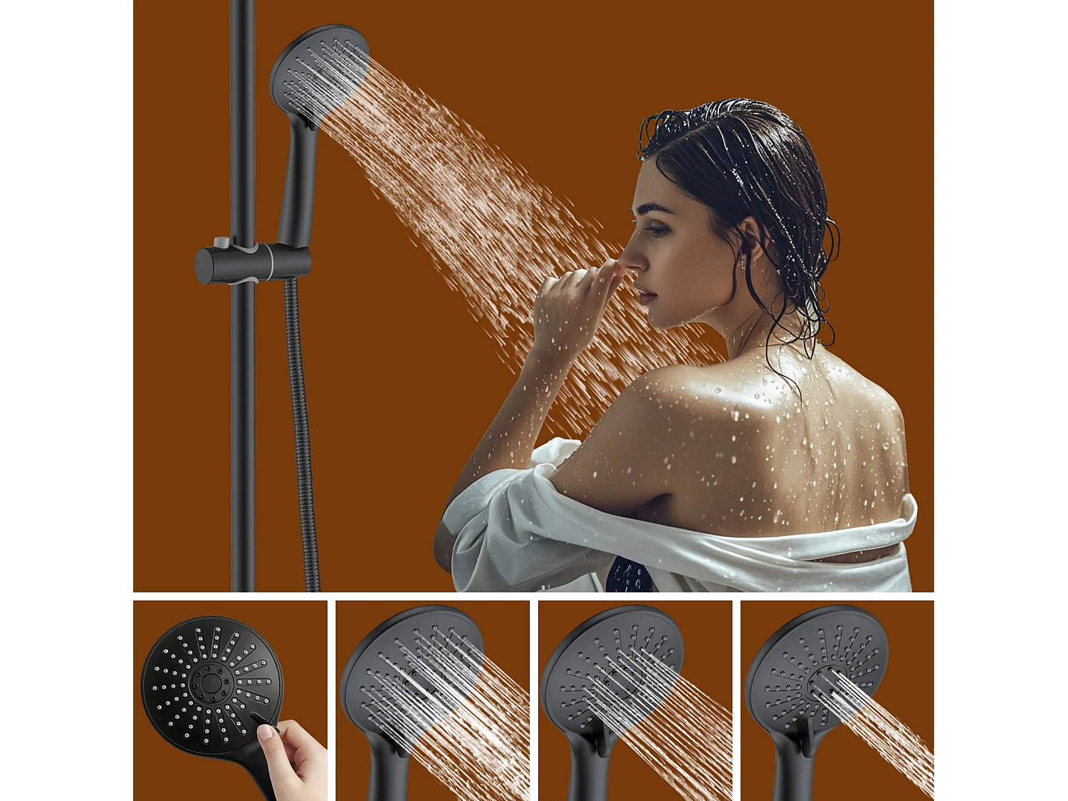 AICA colonne de douche de salle de bain avec douche de tête ronde 250 mm, douchette 3 fonctions, hauteur réglable 750-1200 mm,noir