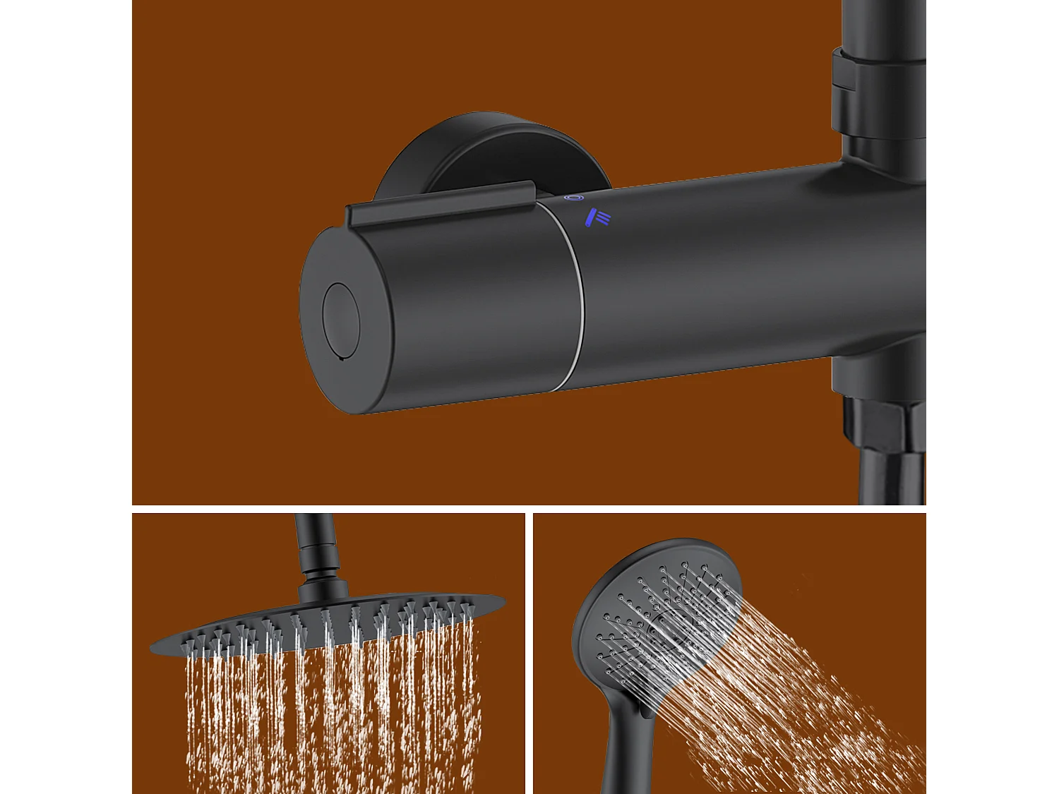 AICA colonne de douche de salle de bain avec douche de tête ronde 250 mm, douchette 3 fonctions, hauteur réglable 750-1200 mm,noir