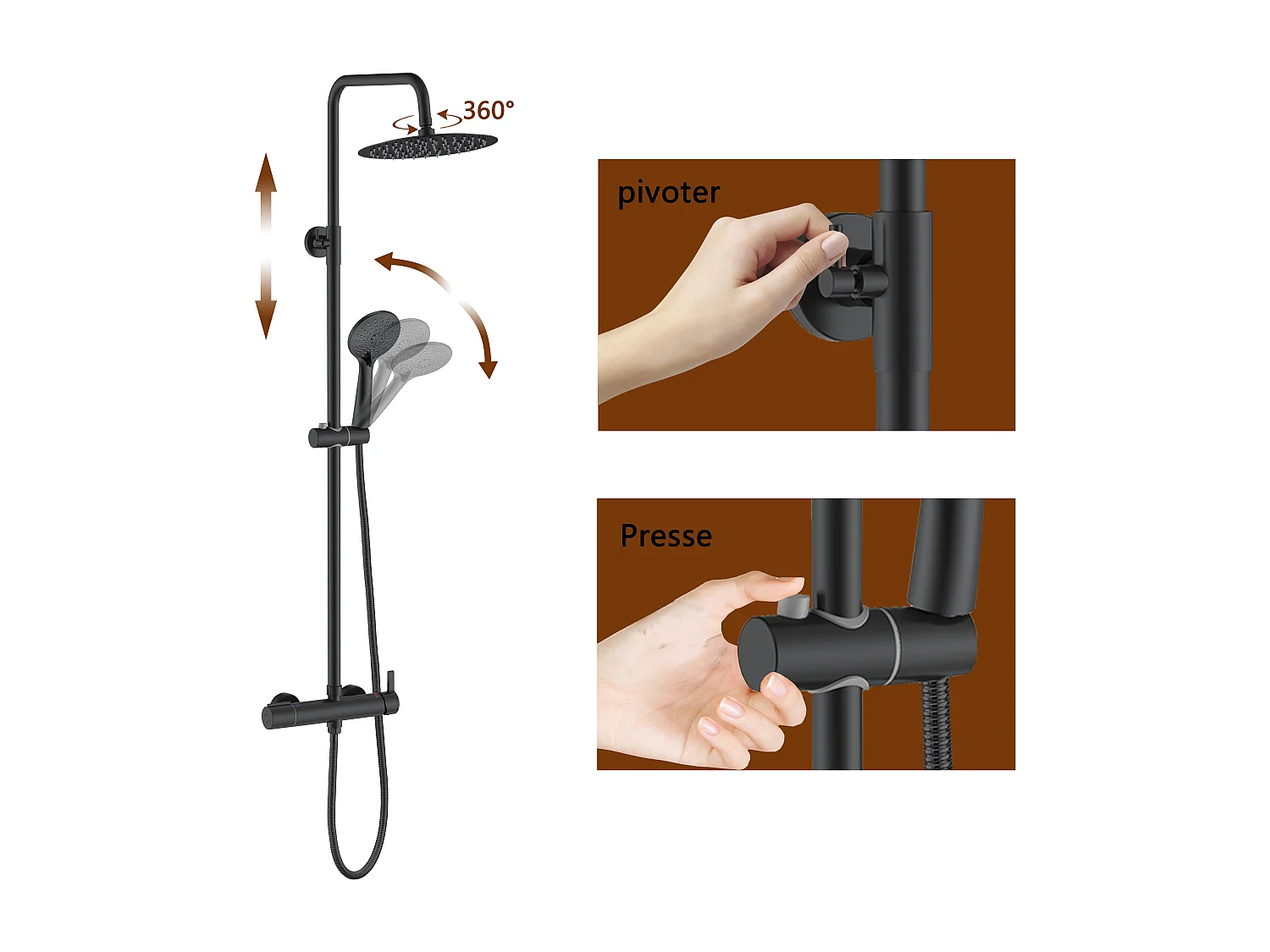 AICA colonne de douche de salle de bain avec douche de tête ronde 250 mm, douchette 3 fonctions, hauteur réglable 750-1200 mm,noir