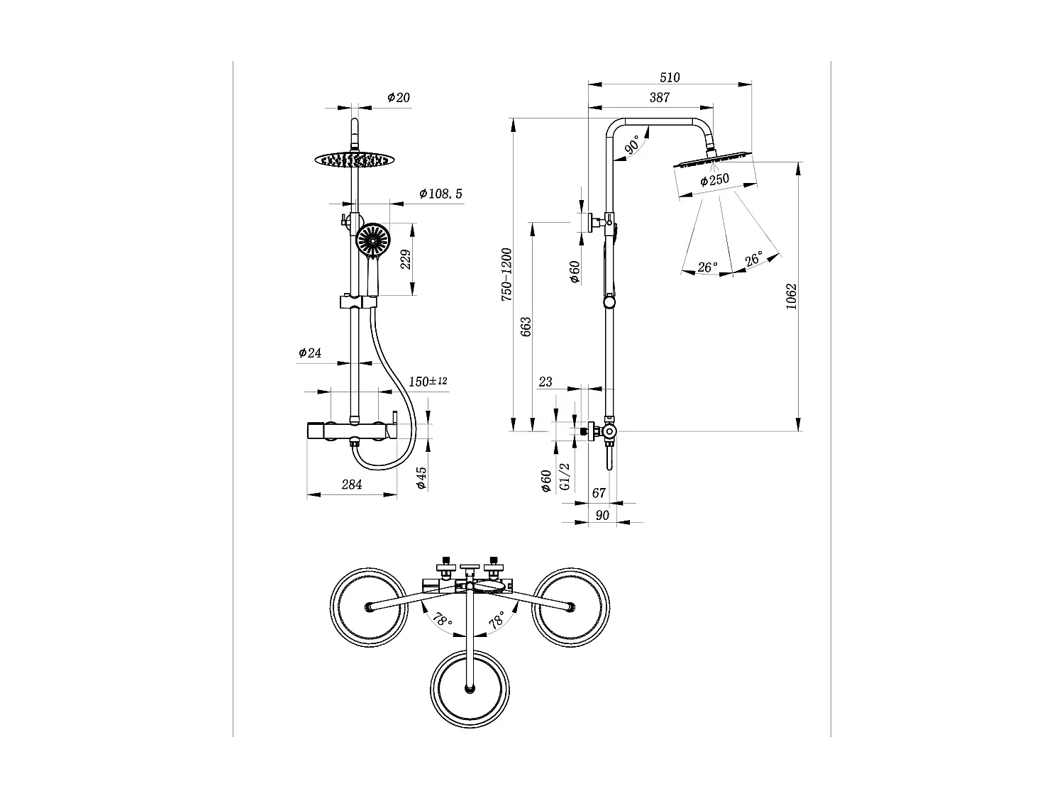 AICA colonne de douche de salle de bain avec douche de tête ronde 250 mm, douchette 3 fonctions, hauteur réglable 750-1200 mm,noir