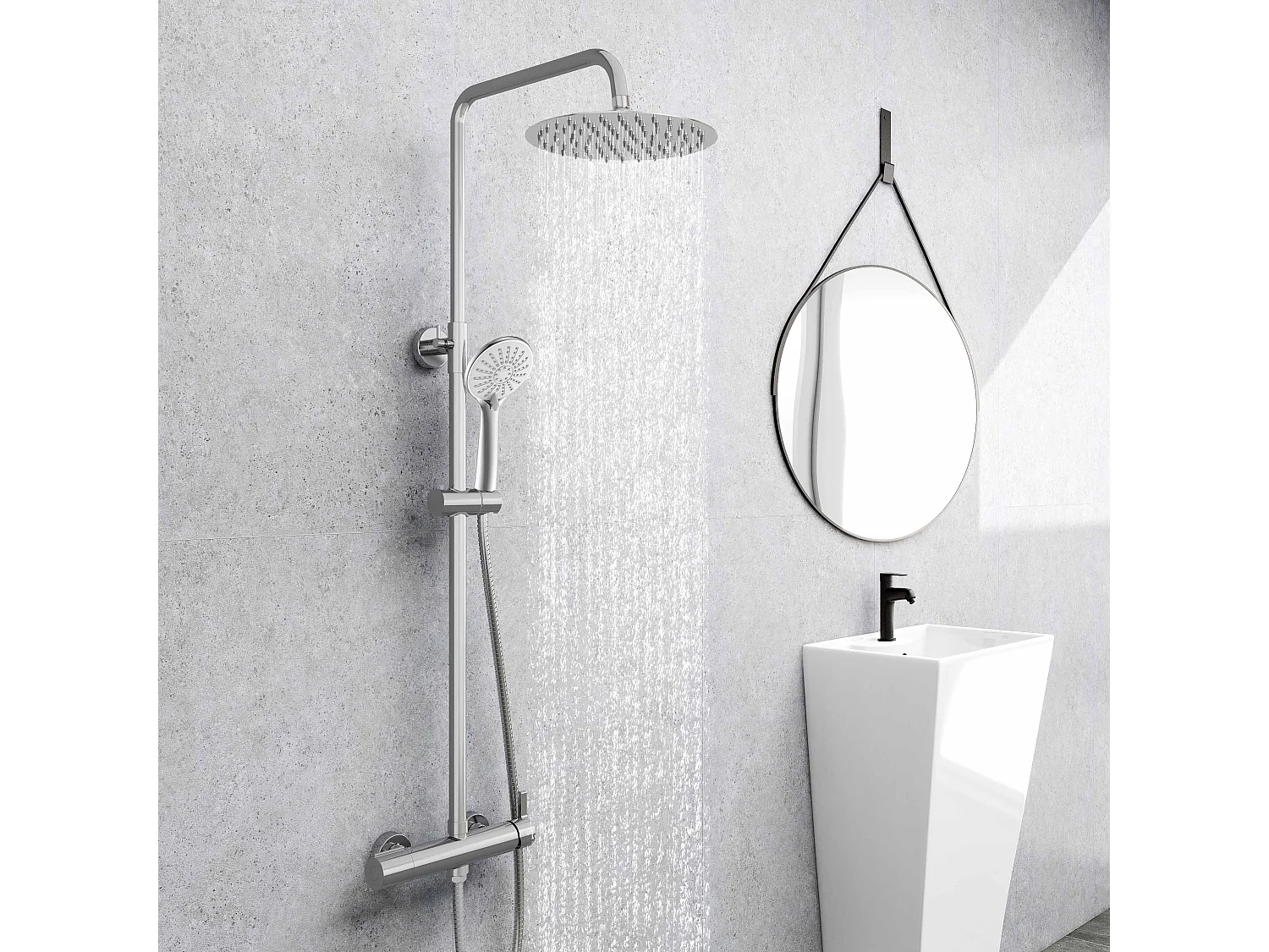 Colonne de douche AICA avec douche de tête ronde 250 mm, douchette 3 fonctions, hauteur réglable 750-1200 mm