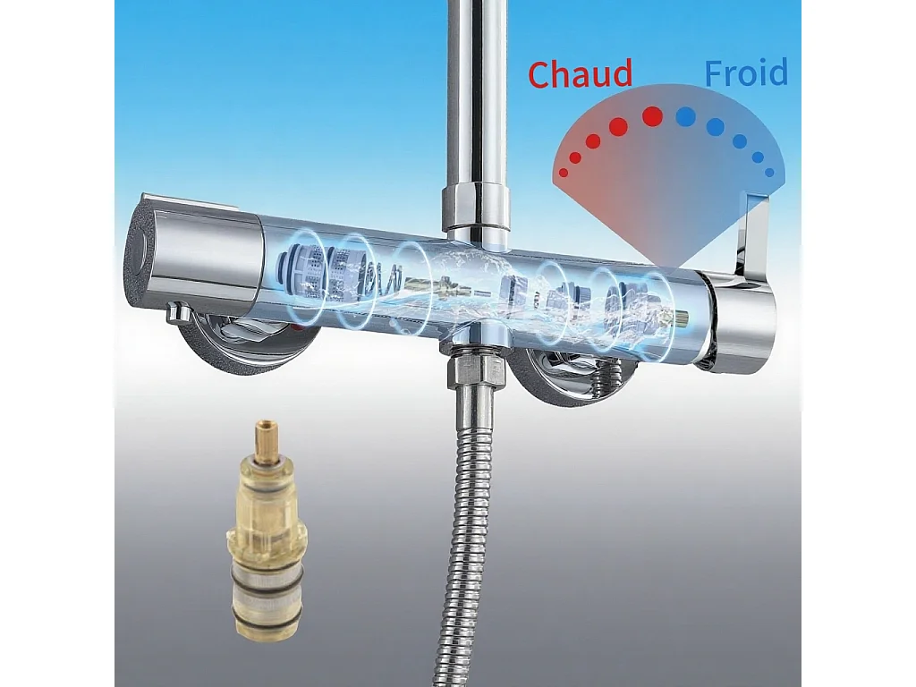 Colonne de douche AICA avec douche de tête ronde 250 mm, douchette 3 fonctions, hauteur réglable 750-1200 mm