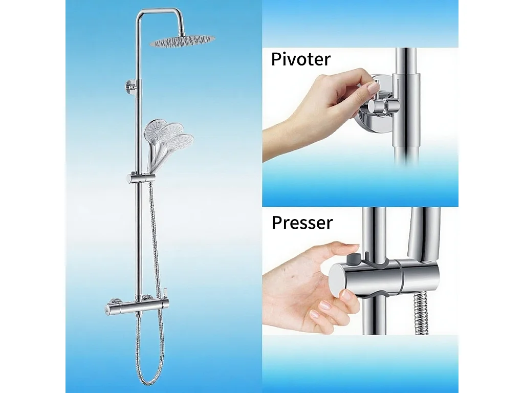 Colonne de douche AICA avec douche de tête ronde 250 mm, douchette 3 fonctions, hauteur réglable 750-1200 mm