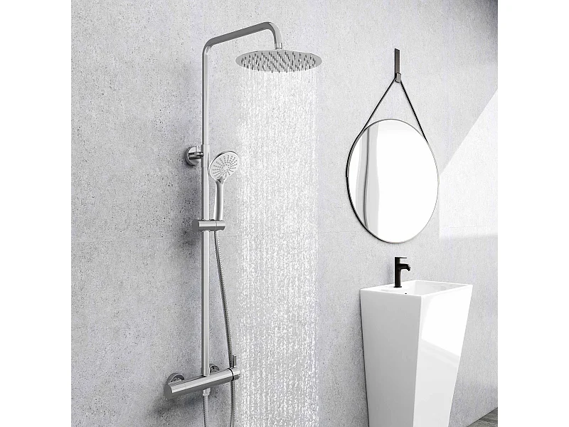 Colonne de douche AICA avec douche de tête ronde 250 mm, douchette 3 fonctions, hauteur réglable 750-1200 mm