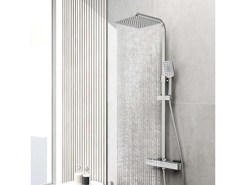 AICA colonne de douche thermostatique avec tête de douche 25 x 25 cm, douchette à main 3 fonctions, hauteur réglable