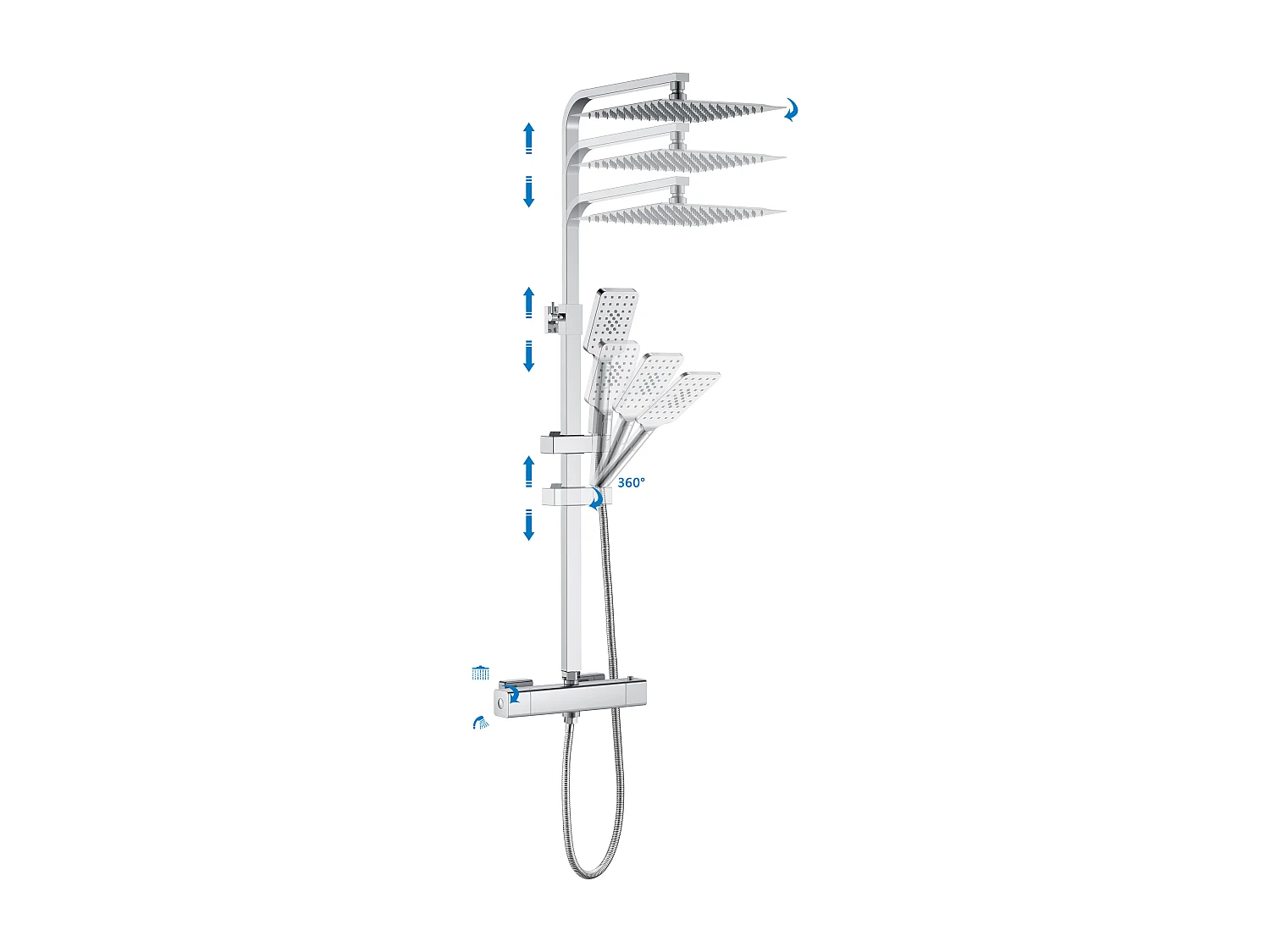 AICA colonne de douche thermostatique avec tête de douche 25 x 25 cm, douchette à main 3 fonctions, hauteur réglable