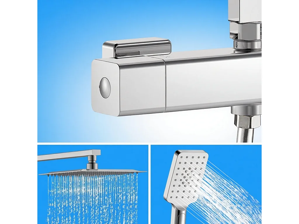 AICA colonne de douche en acier inoxydable avec douche de tête carrée 250 mm, douchette 3 fonctions, hauteur réglable