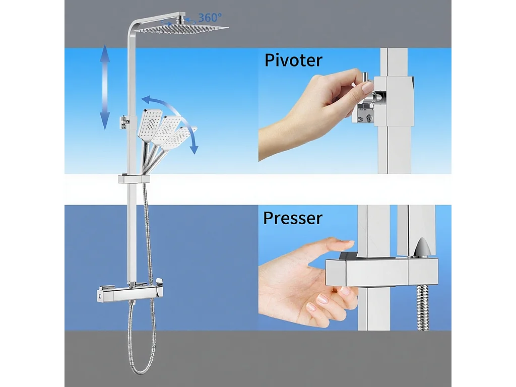 AICA colonne de douche en acier inoxydable avec douche de tête carrée 250 mm, douchette 3 fonctions, hauteur réglable