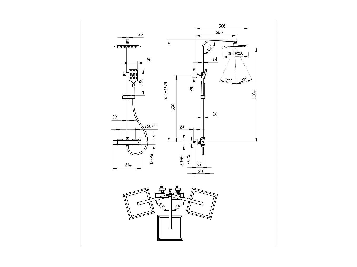 AICA colonne de douche en acier inoxydable avec douche de tête carrée 250 mm, douchette 3 fonctions, hauteur réglable