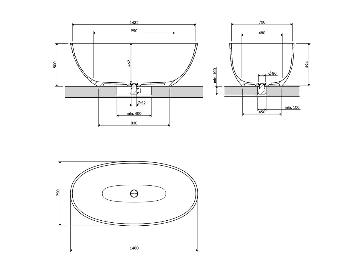 Baignoire Îlot - 148 x 75 cm - SHELL - BLANC MAT - avec SIPHON INCLUS