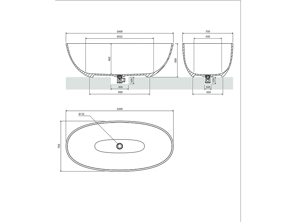 Baignoire Îlot - 160 x 75 cm - SHELL - GRIS CENDRÉ MAT - avec SIPHON INCLUS