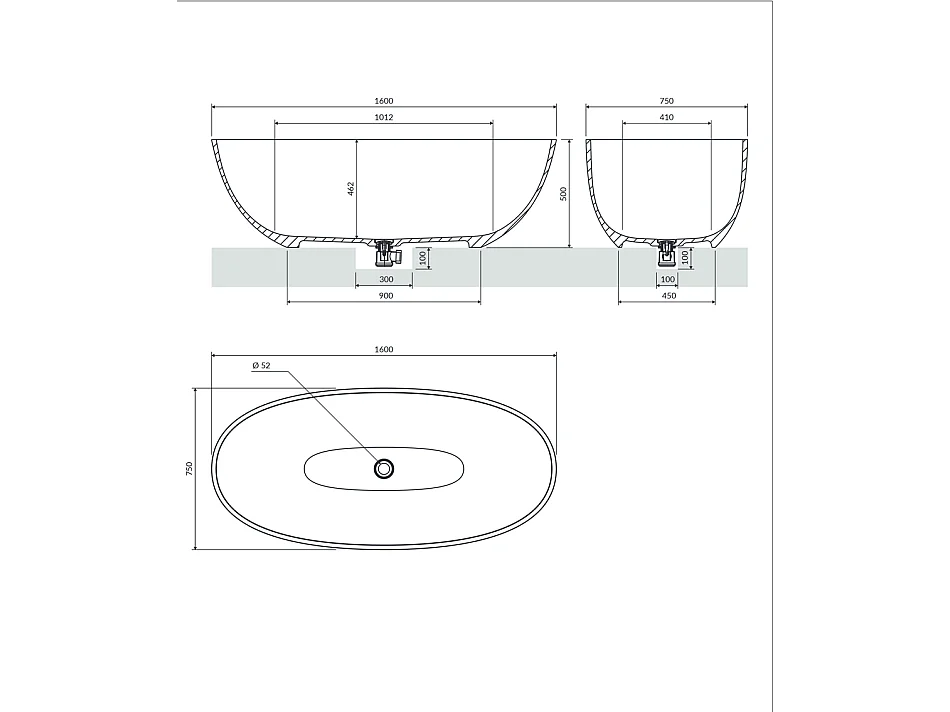 Baignoire Îlot - 160 x 75 cm - SHELL - GRIS CENDRÉ MAT - avec SIPHON INCLUS