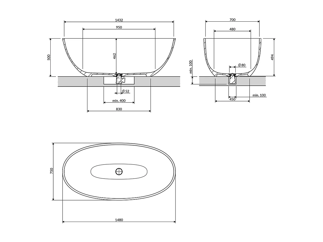 Baignoire Îlot - 148 x 75 cm - SHELL - NOIR MAT - avec SIPHON INCLUS
