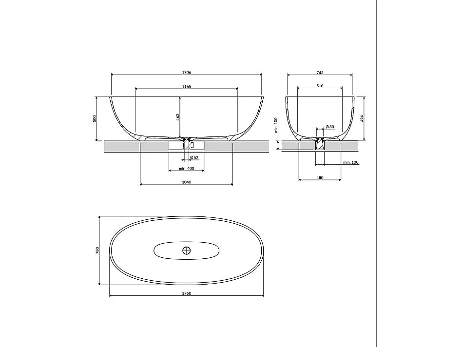 Baignoire Îlot - 175 x 78 cm - SHELL - GRIS CENDRÉ MAT - avec SIPHON INCLUS
