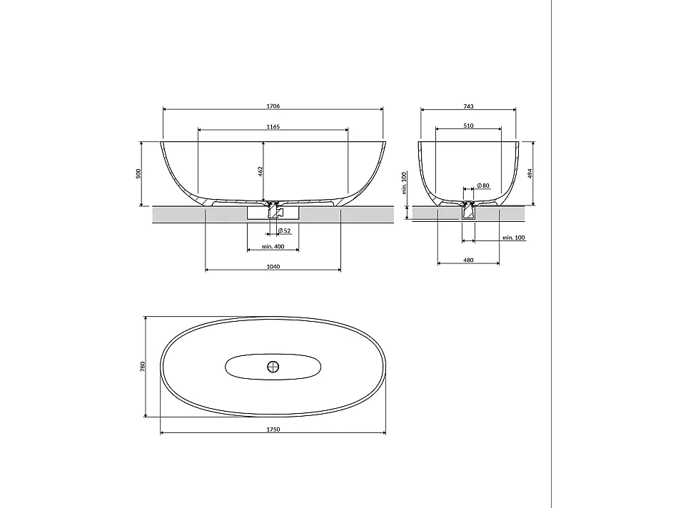 Baignoire Îlot - 175 x 78 cm - SHELL - BLANC BRILLANT - avec SIPHON INCLUS
