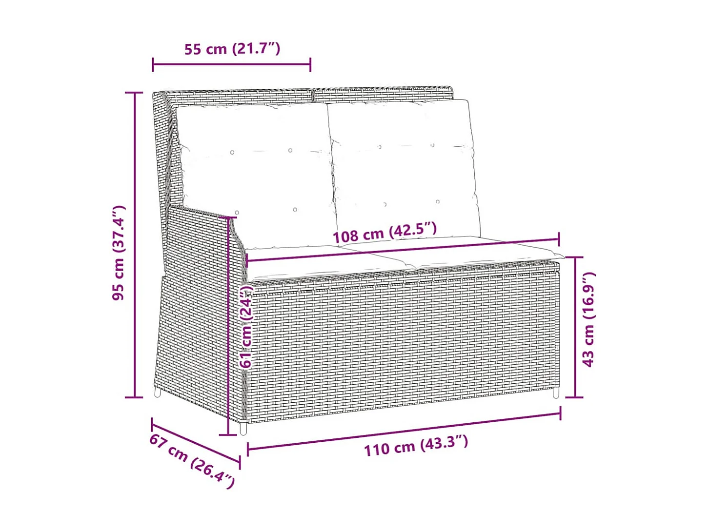 Banc inclinable de jardin avec coussins gris résine tressée