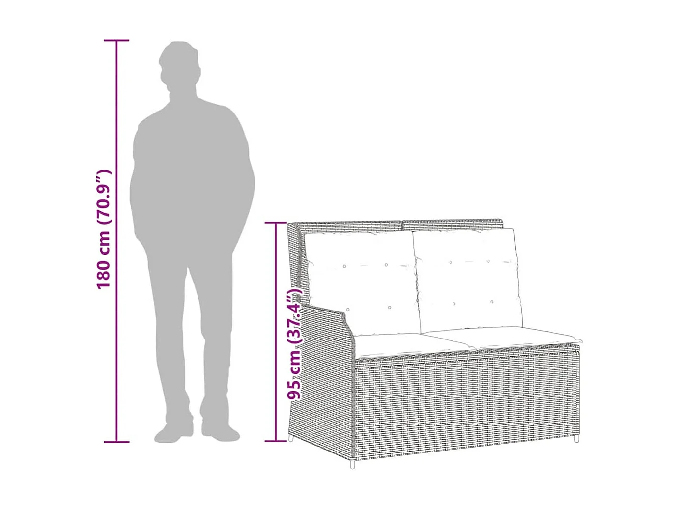 Banc inclinable de jardin avec coussins gris résine tressée