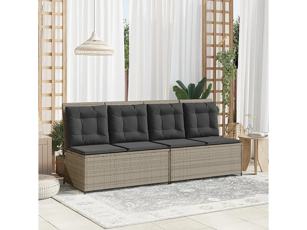 Banco de jardín reclinable y cojines de resina tejida en gris claro.