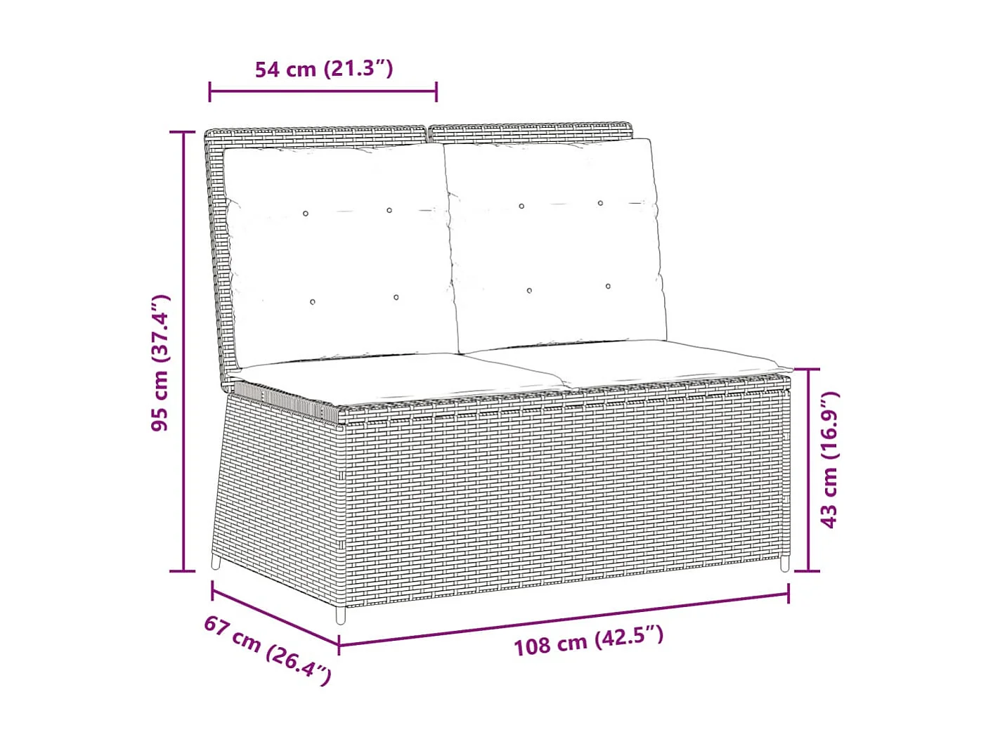 Banco de jardín reclinable y cojines de resina tejida en gris claro.