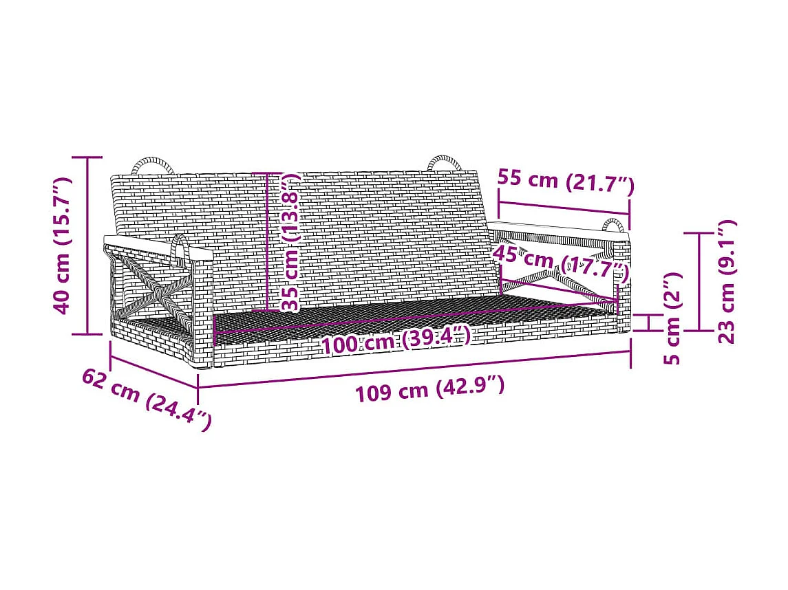 Dondolo grigio 109x62x40 cm in resina intrecciata