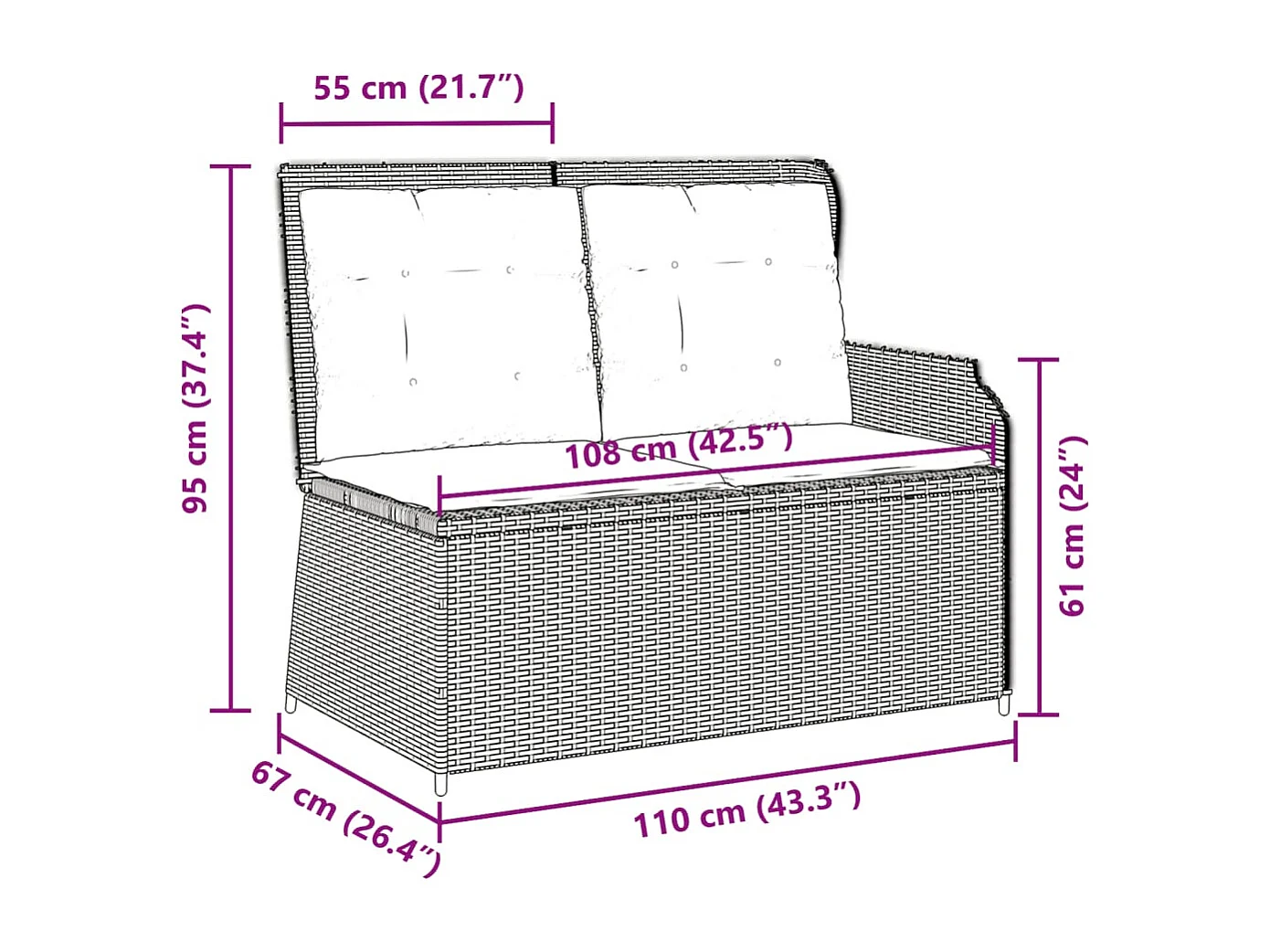 Banc inclinable de jardin avec coussins gris résine tressée