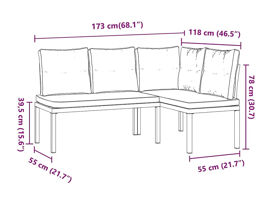 Set di 2 panche da giardino con cuscini in acciaio verniciato a polvere