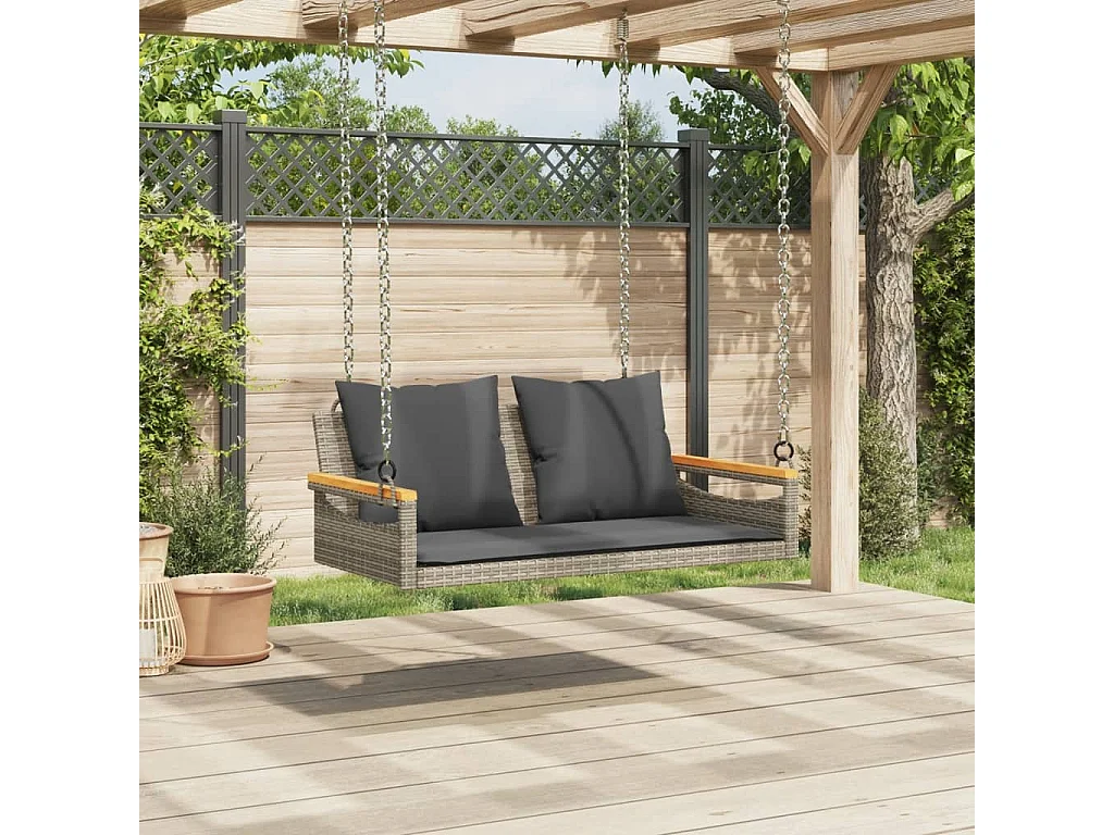 Altalena con cuscini grigi 109x62x40 cm in resina intrecciata