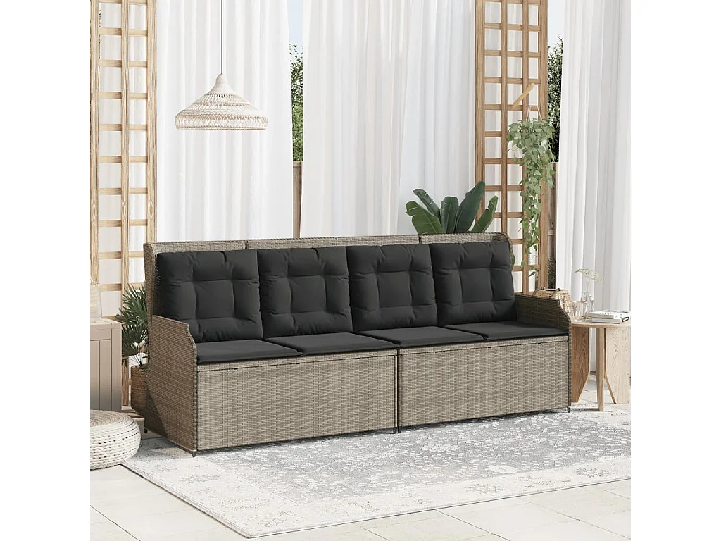 Banc inclinable de jardin et coussins gris clair résine tressée