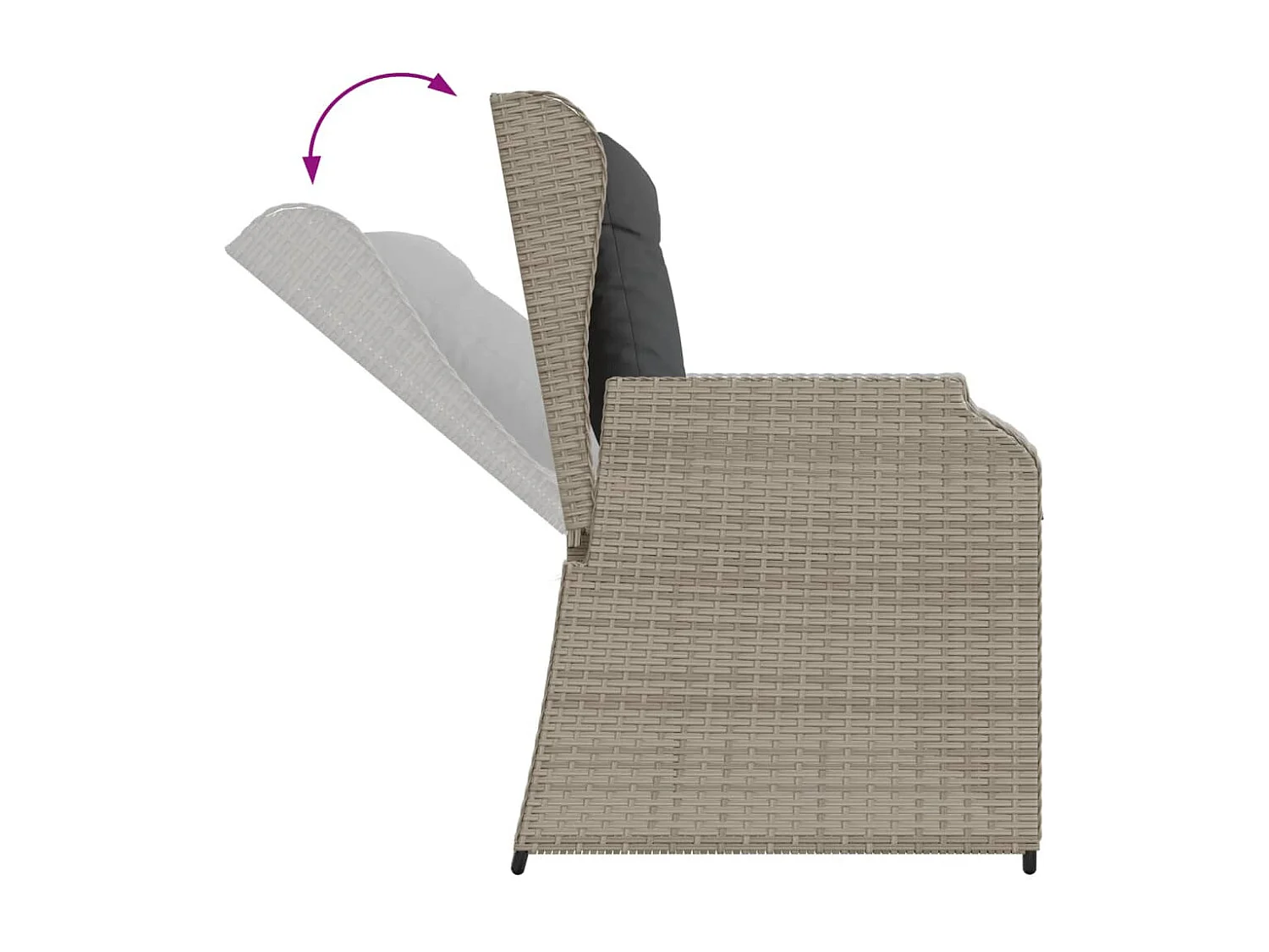 Banc inclinable de jardin et coussins gris clair résine tressée