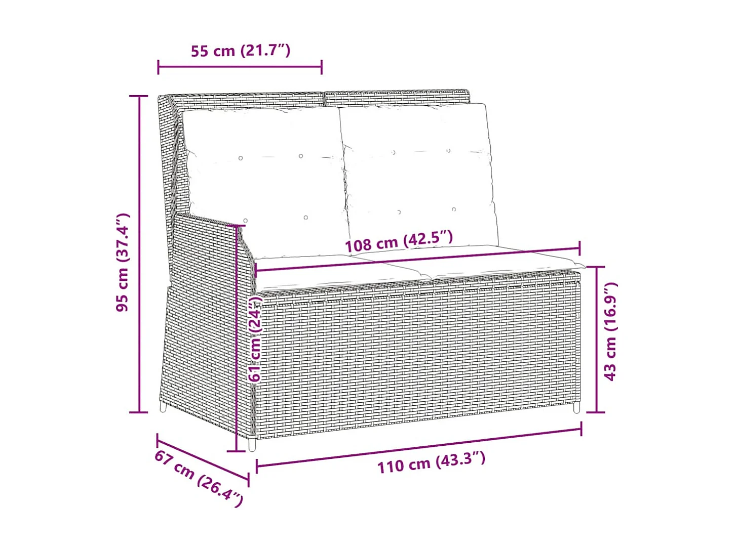 Banc inclinable de jardin et coussins gris clair résine tressée