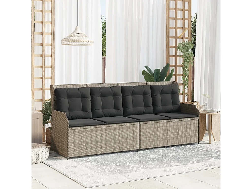 Banc inclinable de jardin et coussins gris clair résine tressée