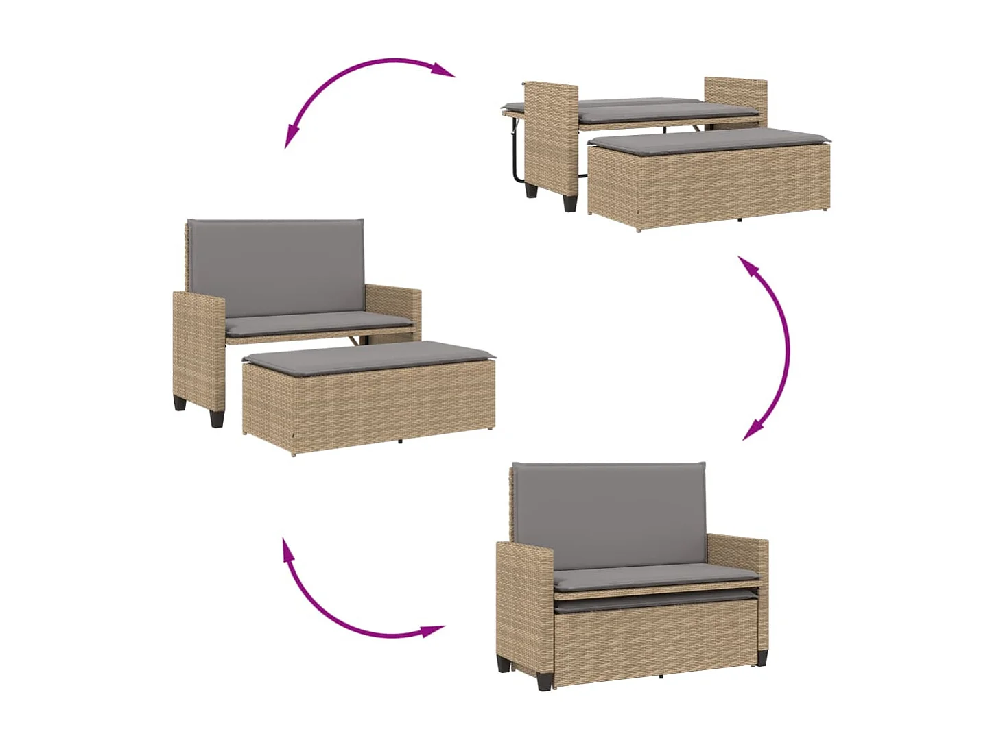 Banc de jardin et coussins et repose-pied beige résine tressée