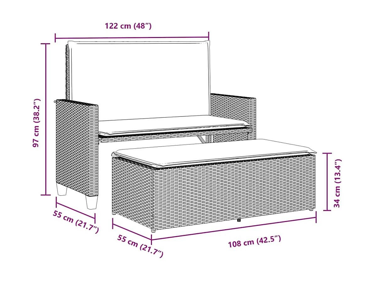 Banc de jardin et coussins et repose-pied beige résine tressée