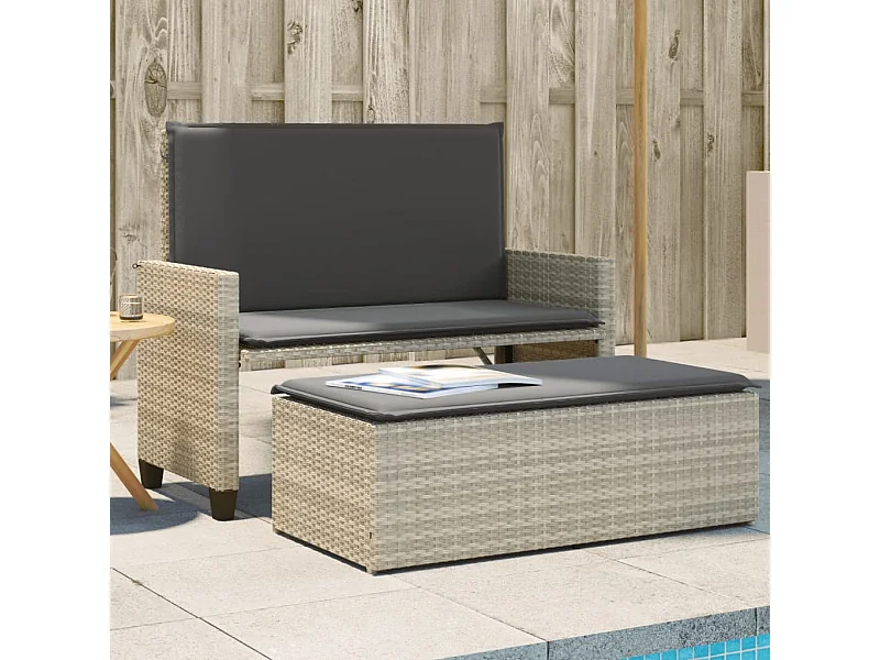 Banc de jardin et coussins et repose-pied gris clair poly rotin