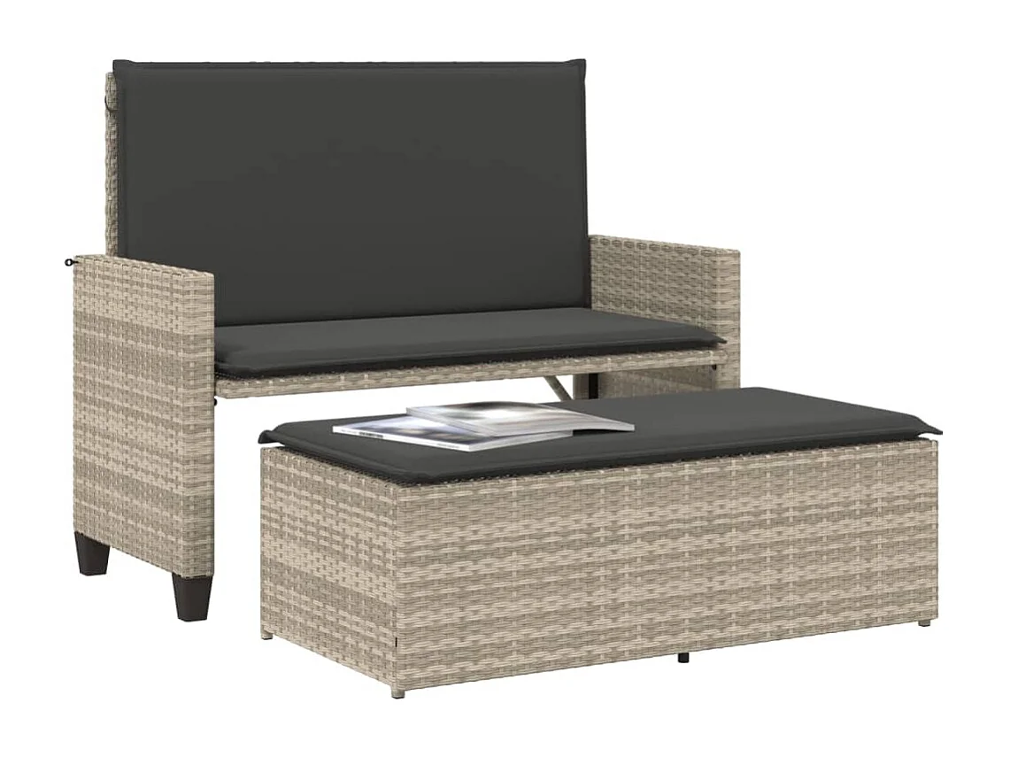 Panca da giardino, cuscini e poggiapiedi in polyrattan grigio chiaro