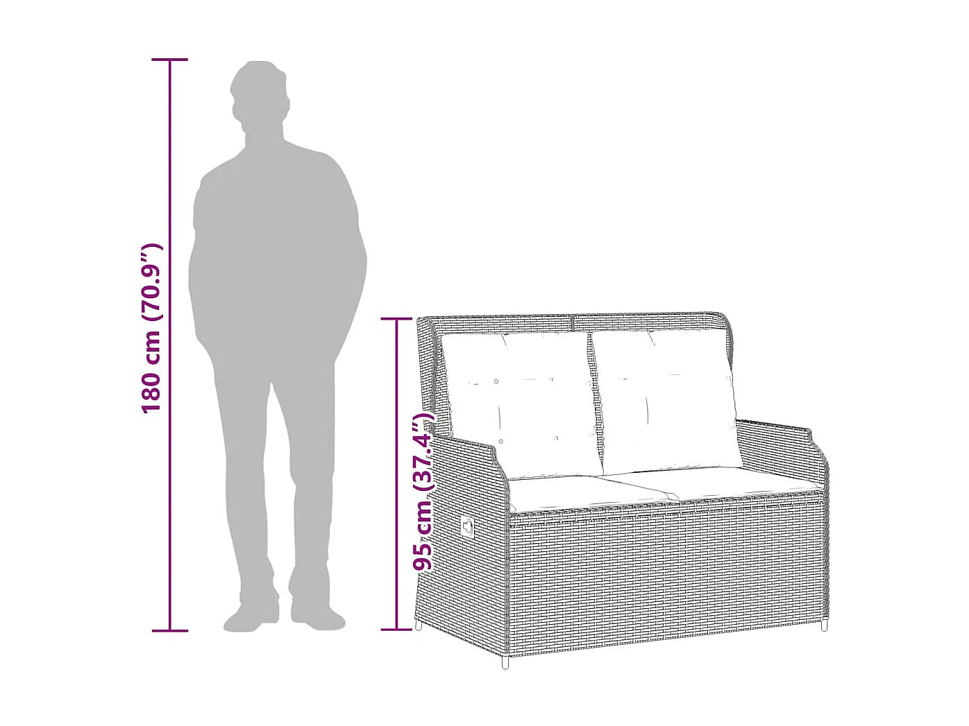 Banc inclinable de jardin avec coussins gris résine tressée