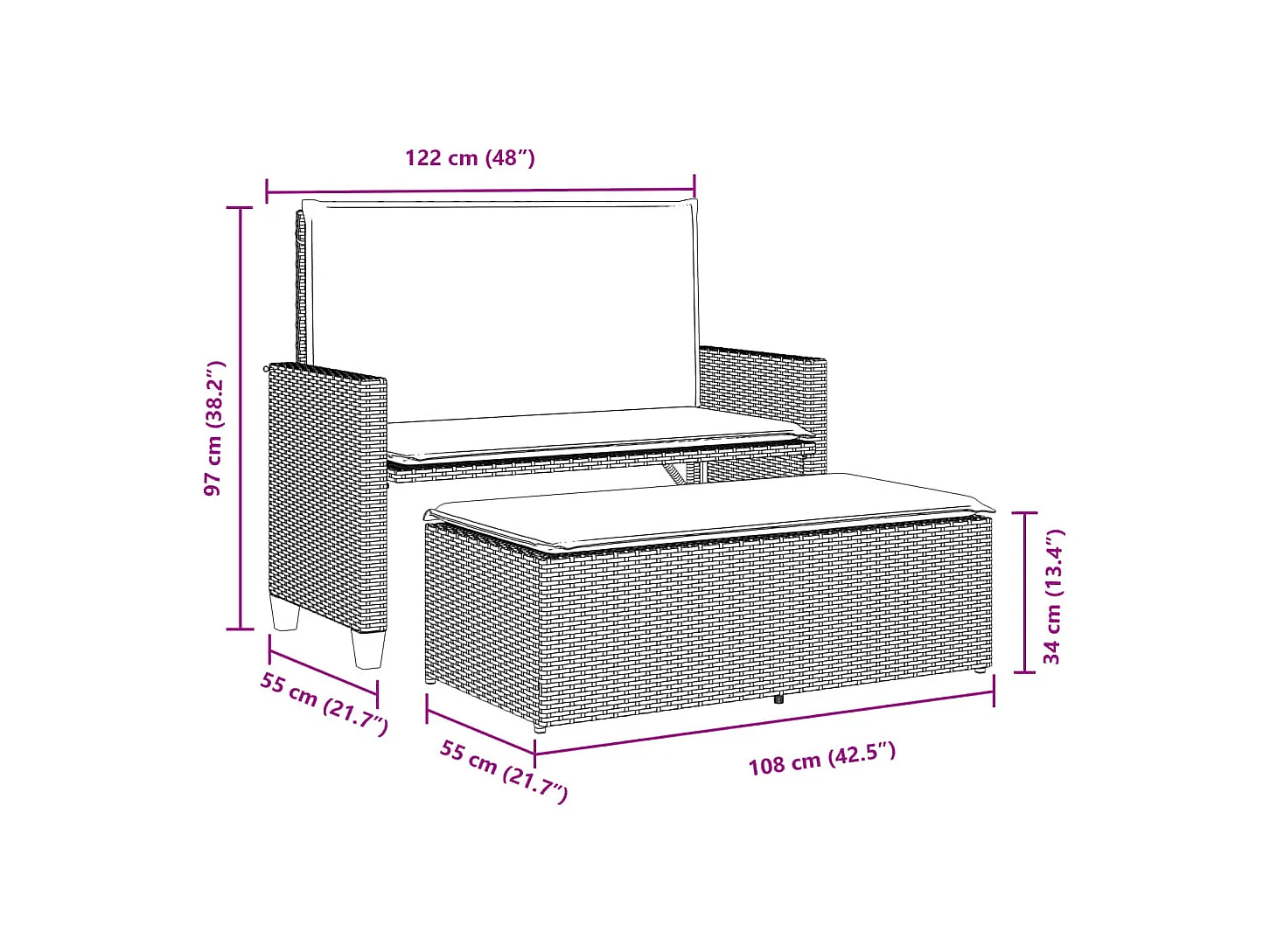 Panca da giardino con cuscini e poggiapiedi in resina intrecciata nera