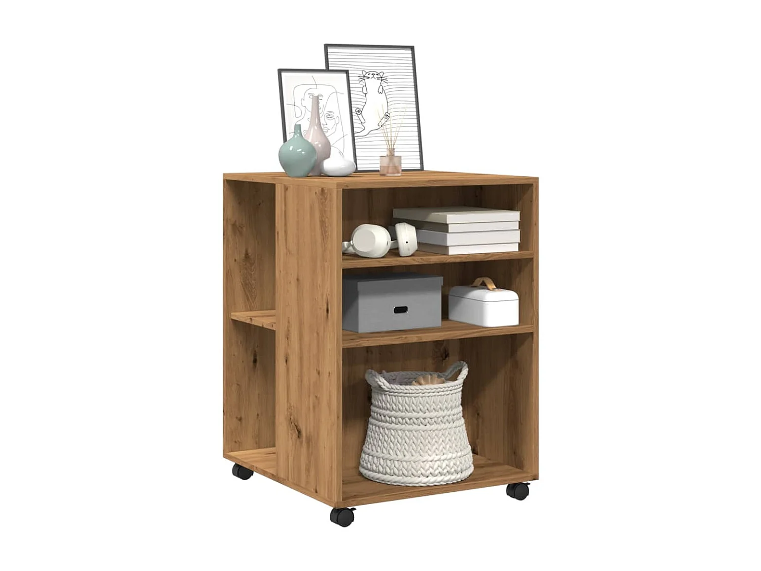 Beistelltisch mit Rollen aus handgefertigtem Eichenholzwerkstoff