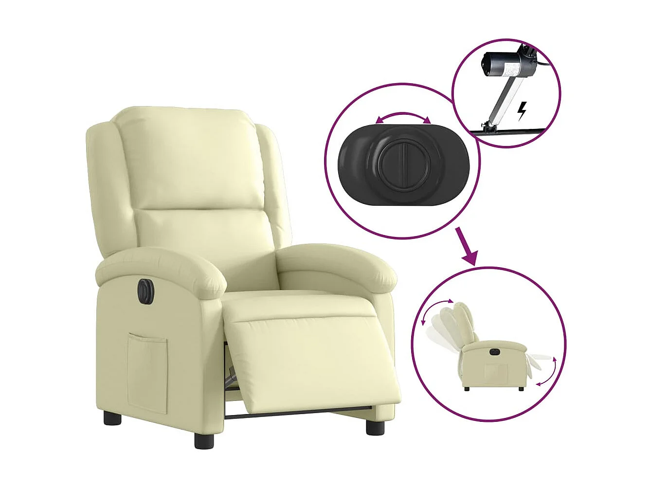 Fauteuil inclinable électrique crème cuir véritable