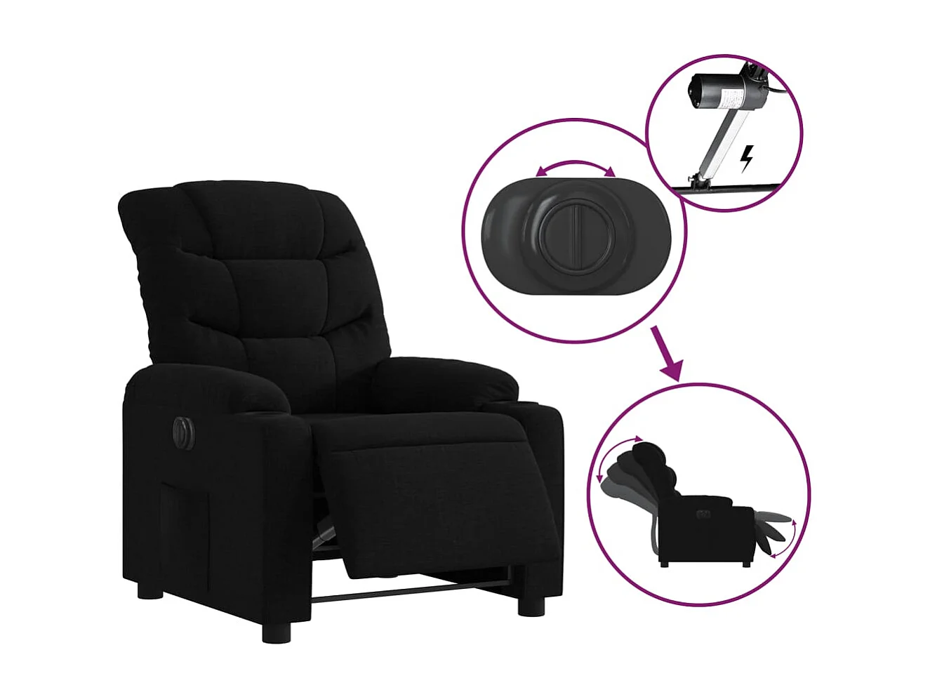Sillón reclinable eléctrico de tela negro