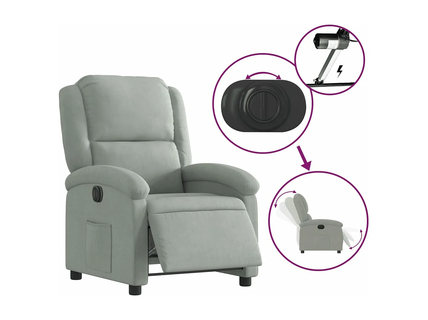 Sillón reclinable eléctrico de terciopelo gris claro