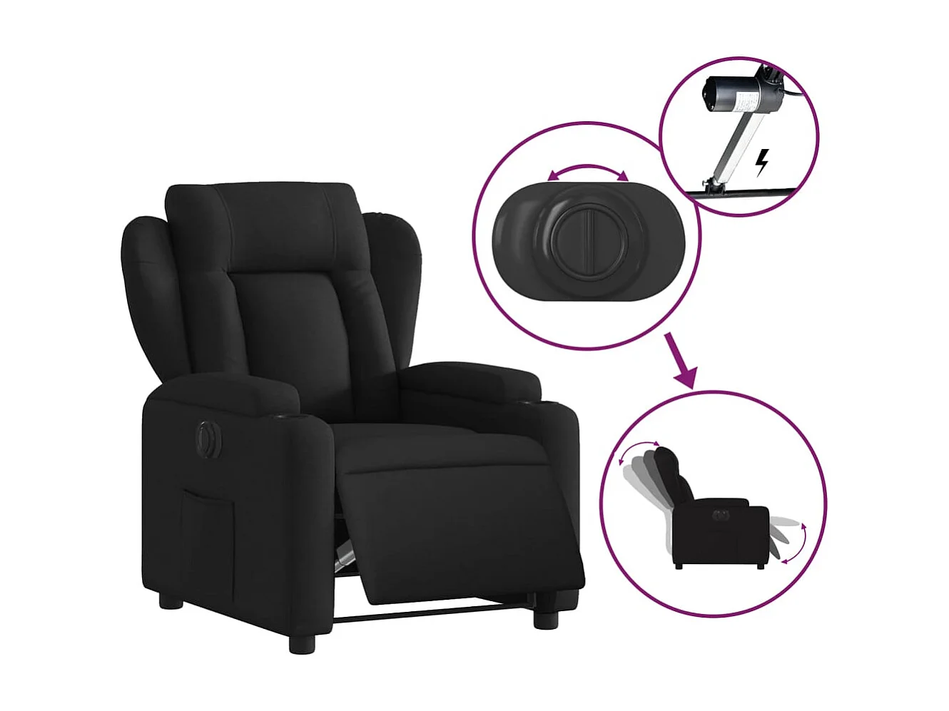 Sillón reclinable eléctrico de tela negro