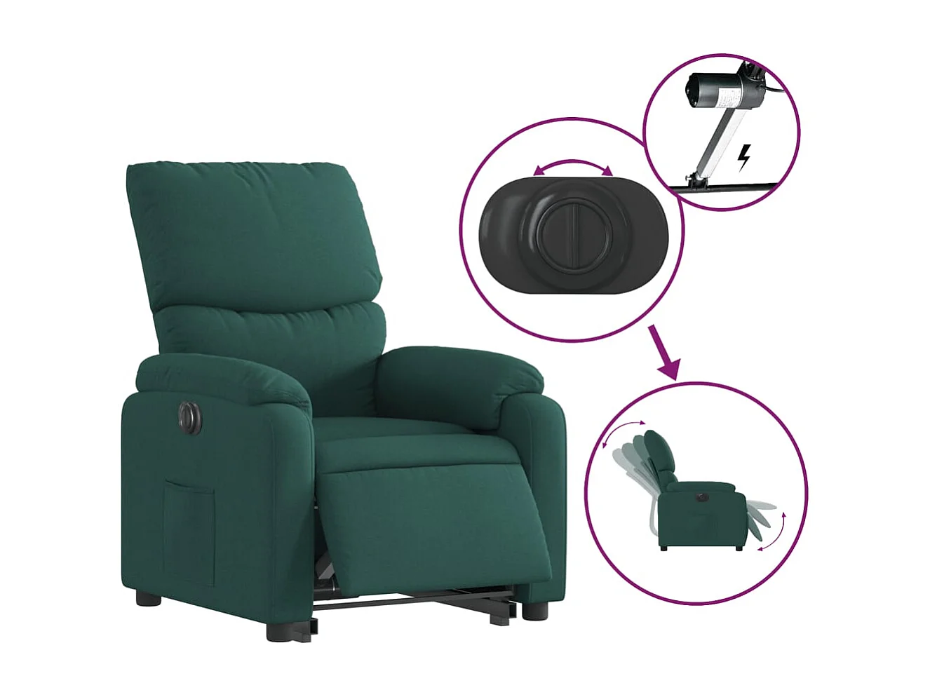 Sillón eléctrico reclinable elevable de tela verde oscuro