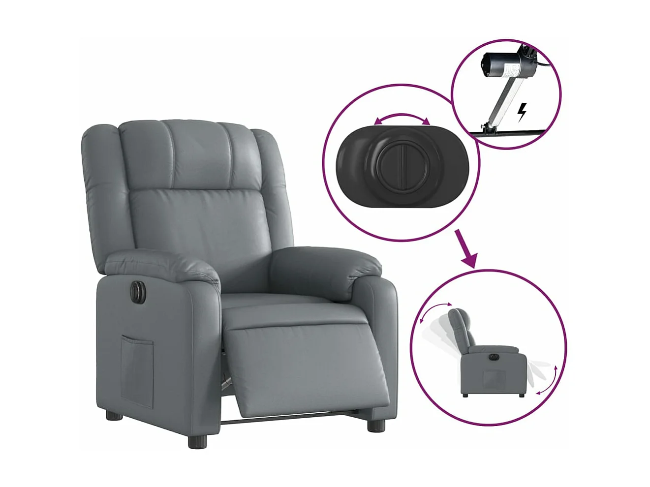 Sillón reclinable eléctrico de cuero sintético gris