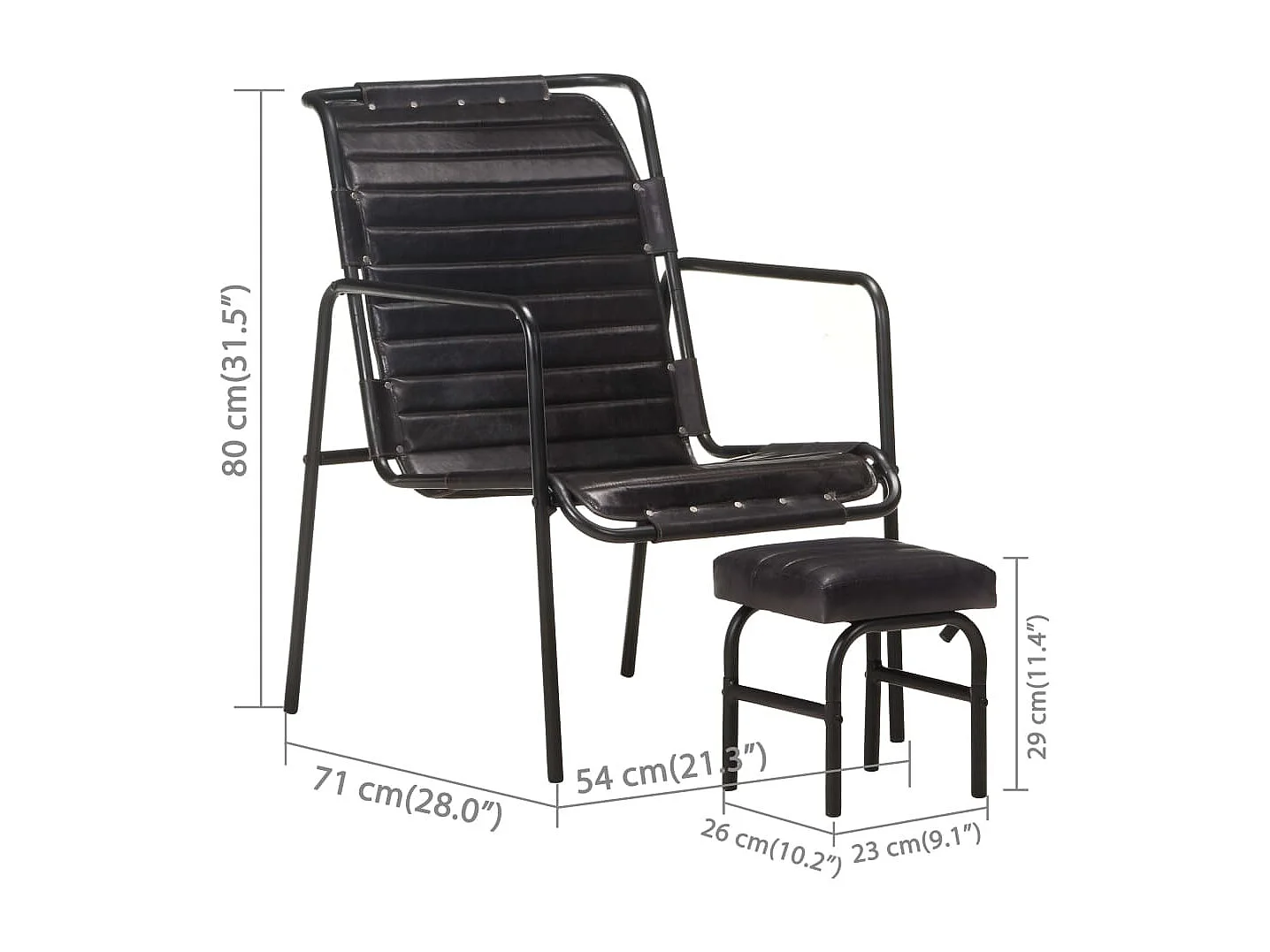 Relaxfauteuil met voetenbankje echt leer zwart