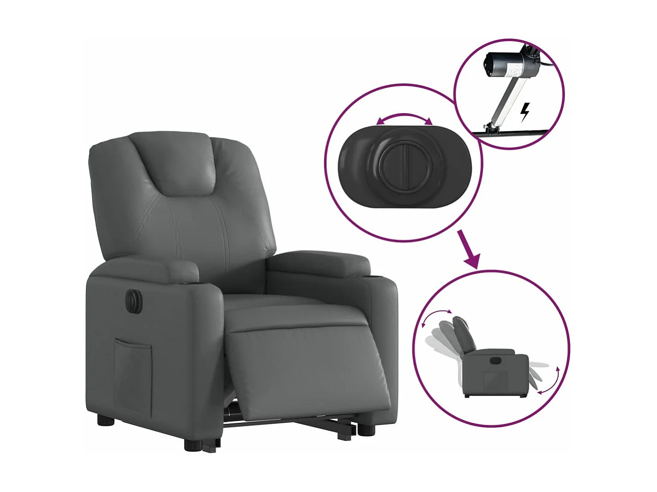 Sillón reclinable elevable eléctrico de cuero sintético gris