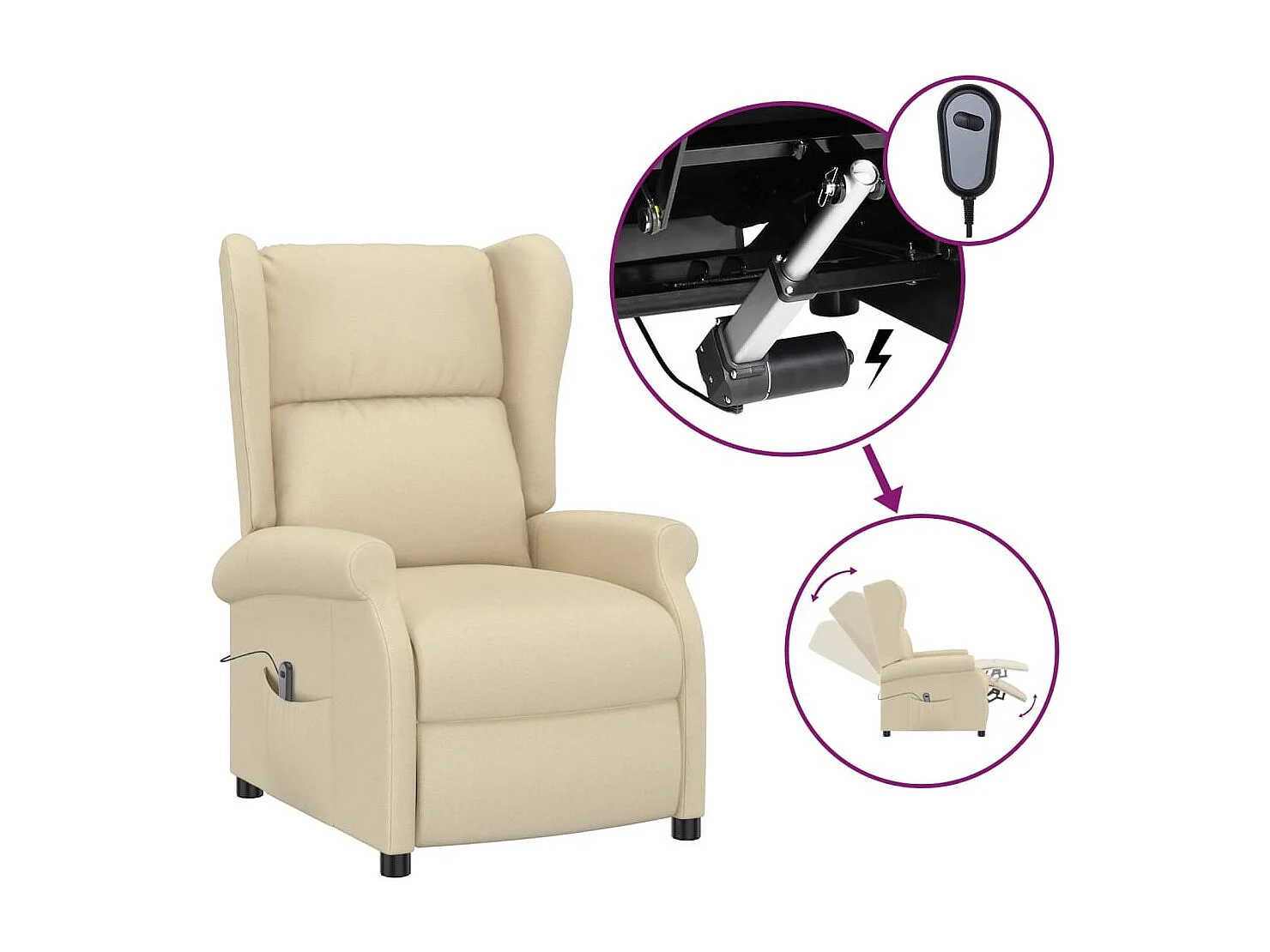 Sillón orejero reclinable eléctrico tela blanco crema