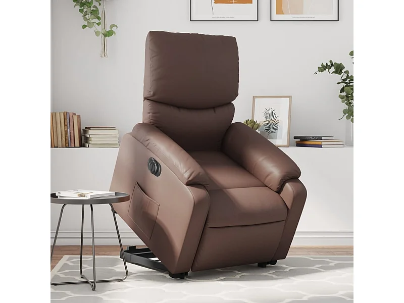 Sillón reclinable elevable eléctrico de cuero sintético marrón